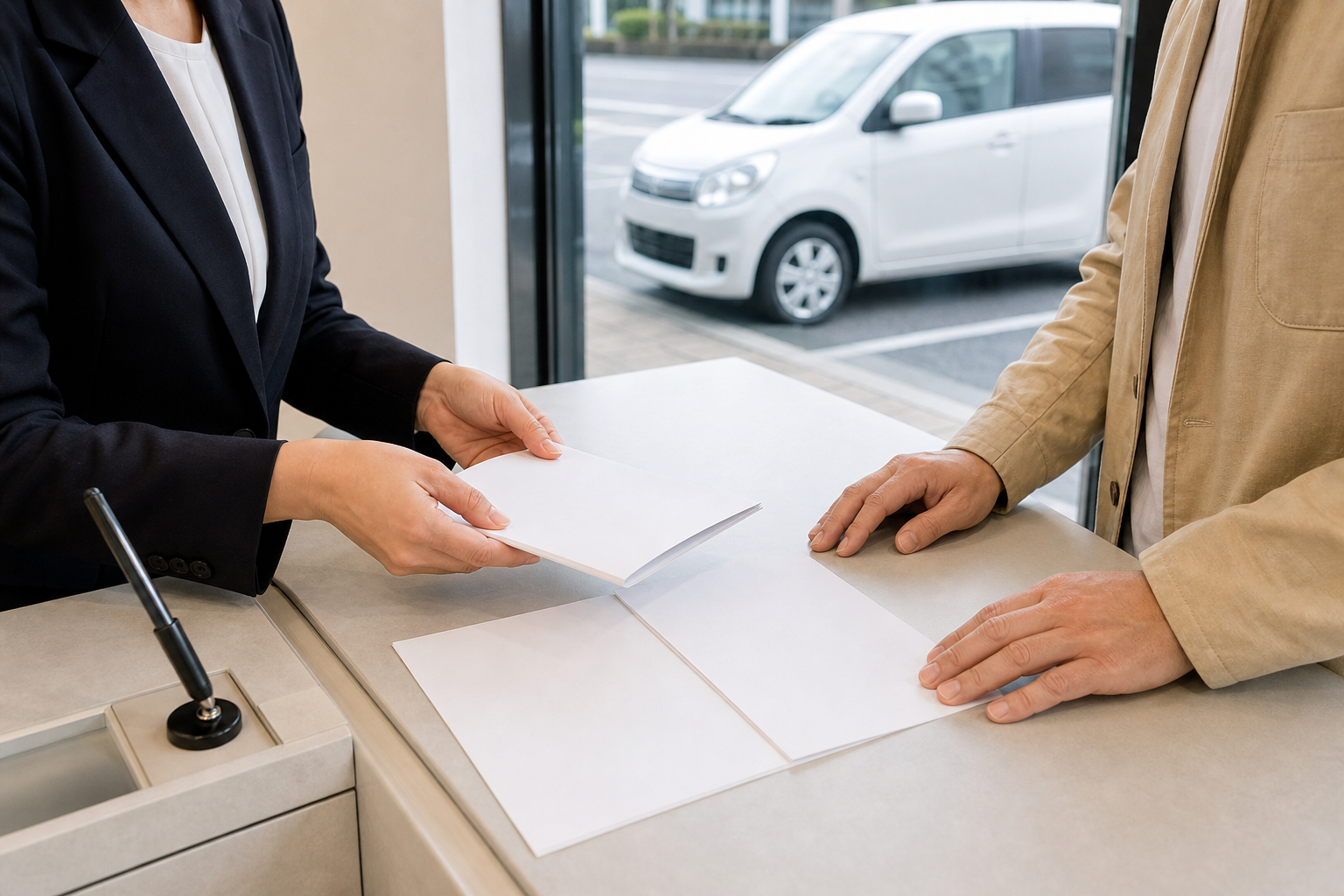 Rental counter staff member and traveler calmly reviewing blank paper documents with a compact car outside