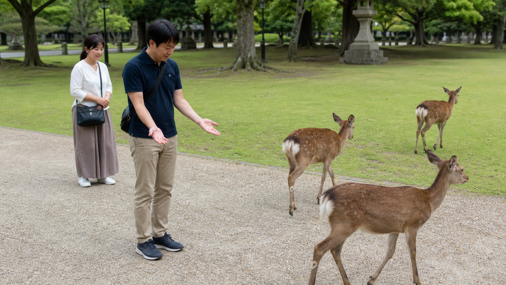 A visitor shows both empty hands as Nara deer turn away from a zipped bag