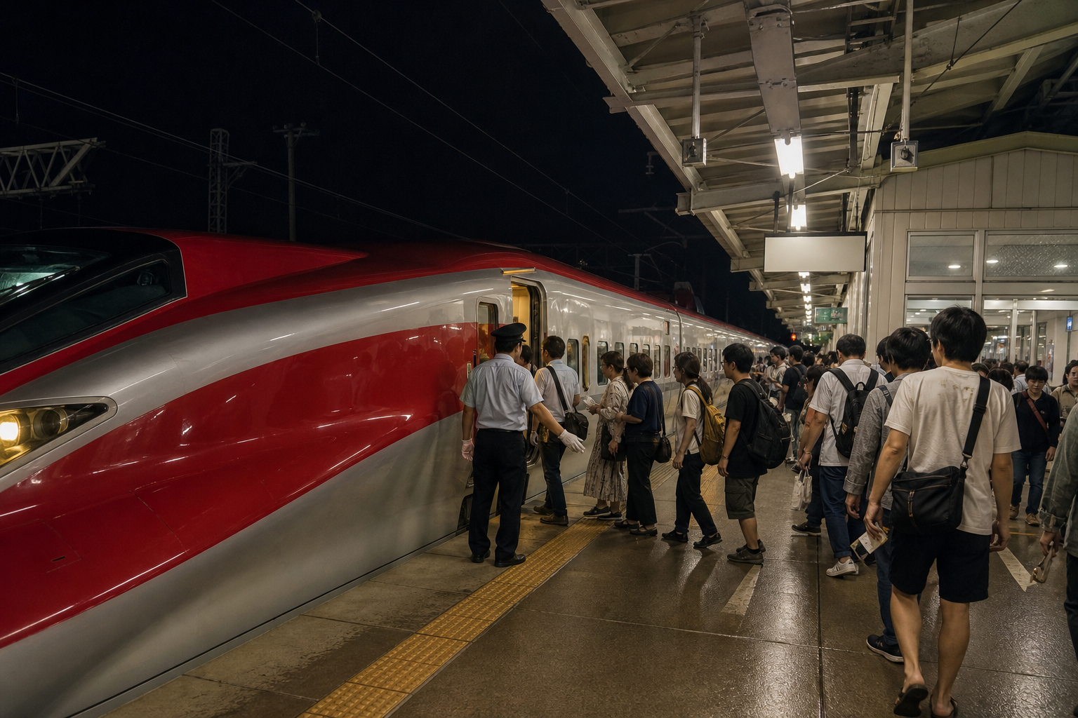 Late-night travelers queueing for a red Akita Shinkansen train
