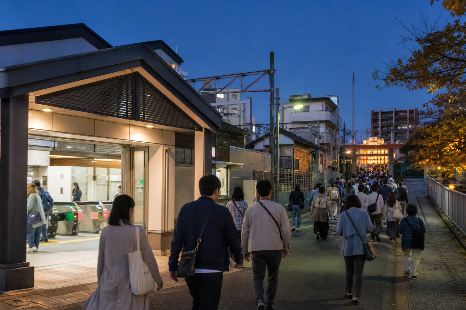 Visitors arriving by train for an evening festival in Tokyo