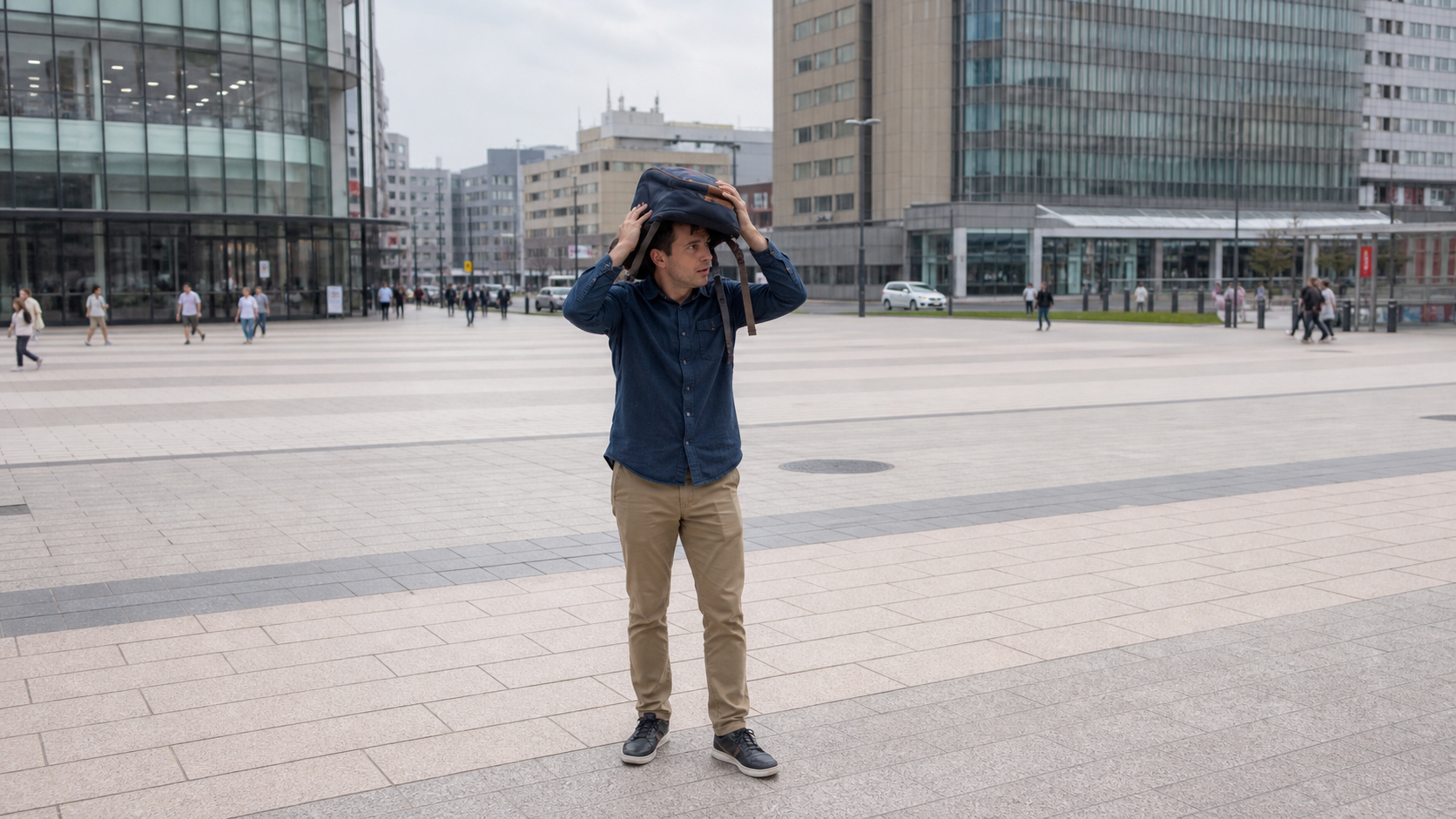 Traveler protecting his head in an open plaza away from glass building facades