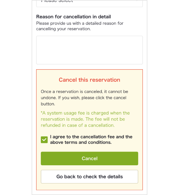 Official Tabelog English cancellation screen showing the final cancellation confirmation