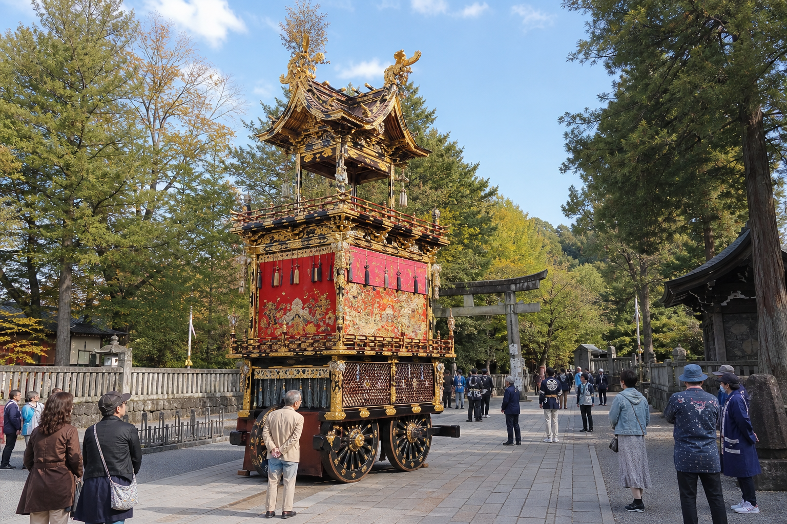 Ornate Takayama festival float displayed near a shrine in daylight