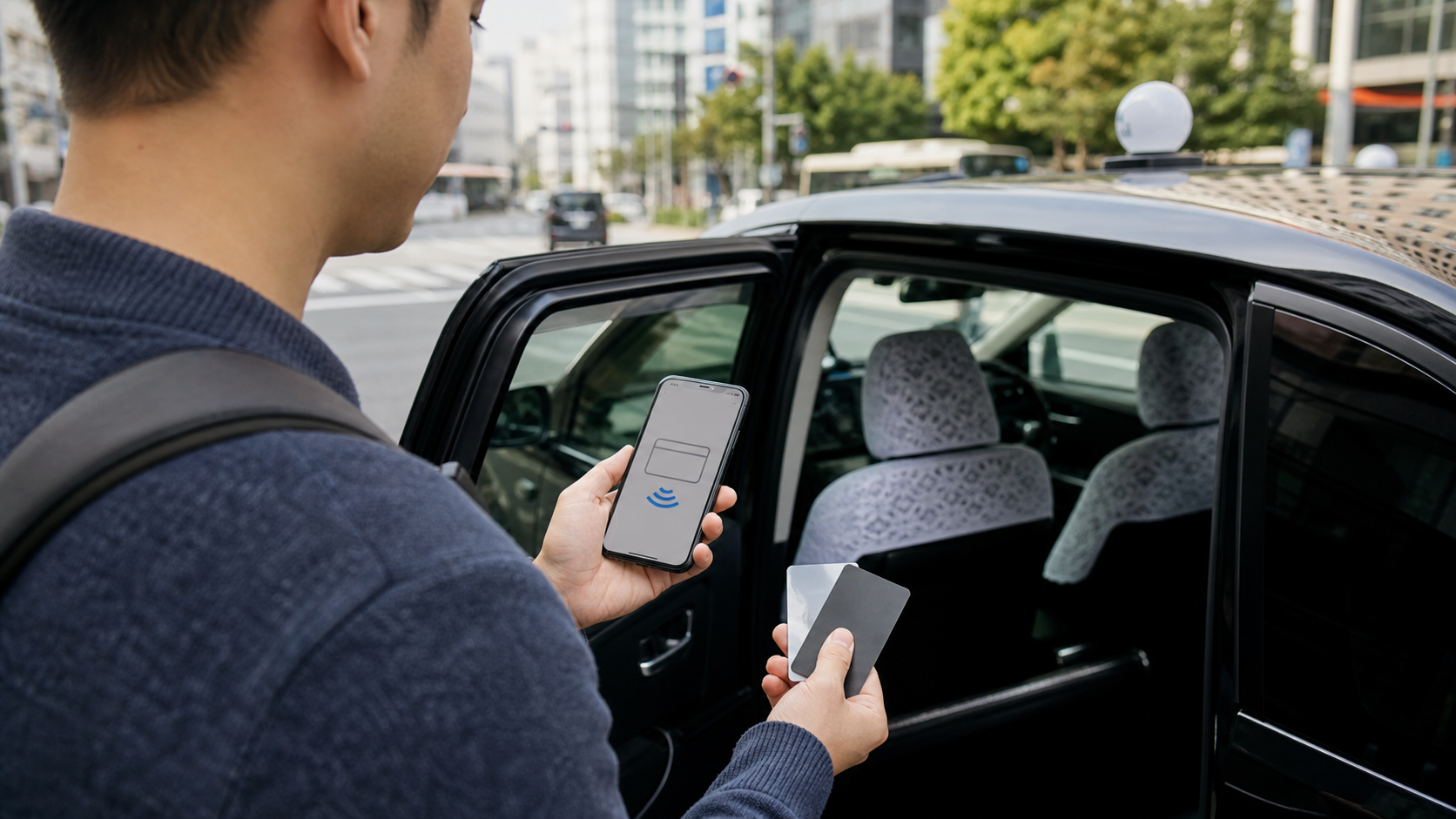 Traveler preparing a credit card and mobile wallet for a Japanese taxi app