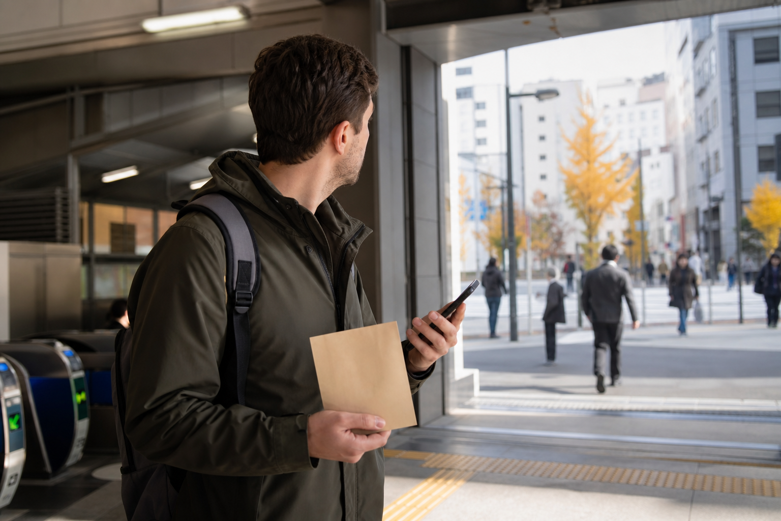 Traveler holding a generic admission envelope while checking the walk from Meguro Station