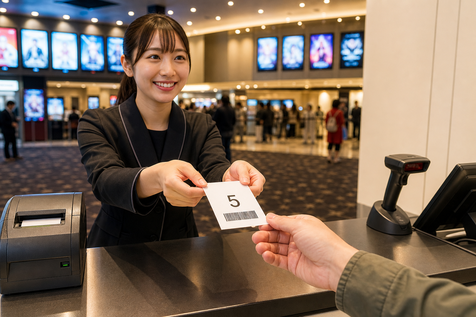 Cinema box-office staff handing a printed screening ticket to a visitor