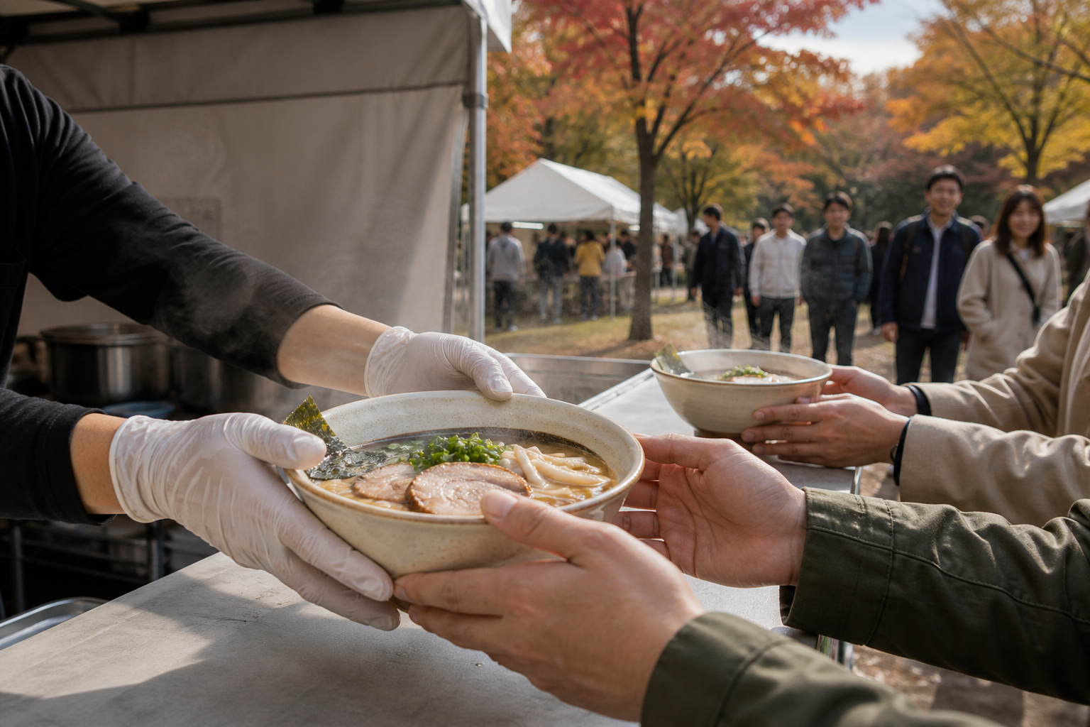 Ramen bowls handed to visitors at an outdoor Japanese autumn food event