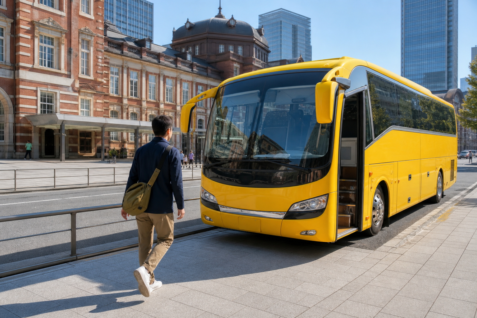 Traveler approaching a yellow sightseeing coach near Tokyo Station Marunouchi South side