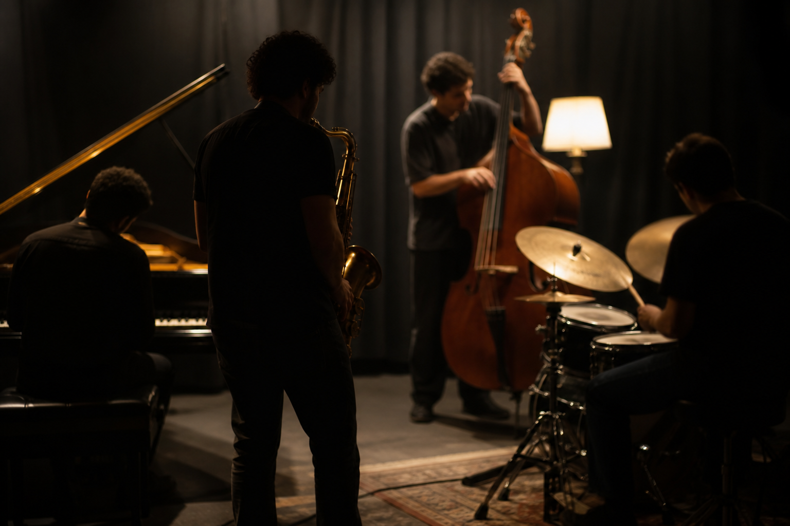 Anonymous jazz quartet rehearsing in a generic black-box studio