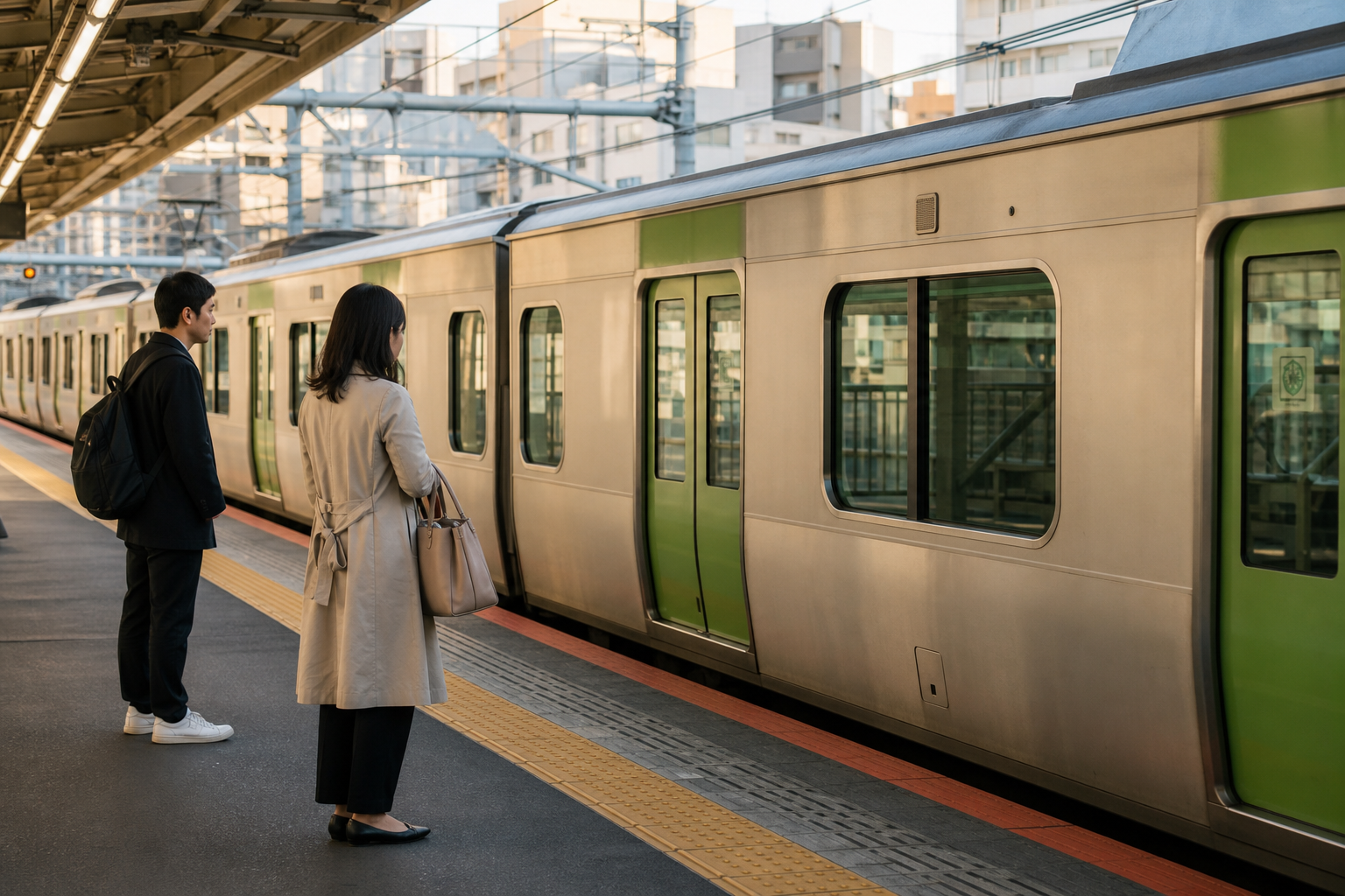 Travelers waiting safely for a Tokyo commuter train on an outdoor platform
