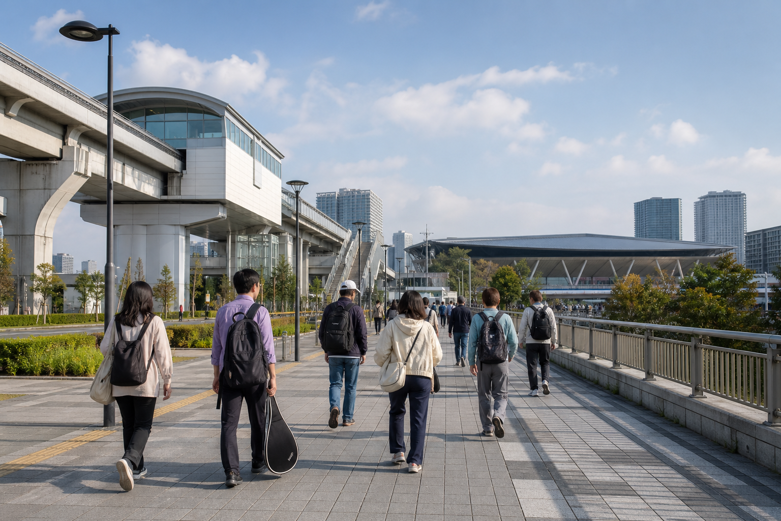 Tennis spectators walking from an elevated Tokyo Bay transit station toward a stadium