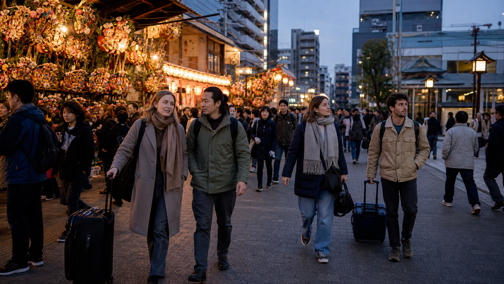 Travelers leaving a busy kumade market for a more open street