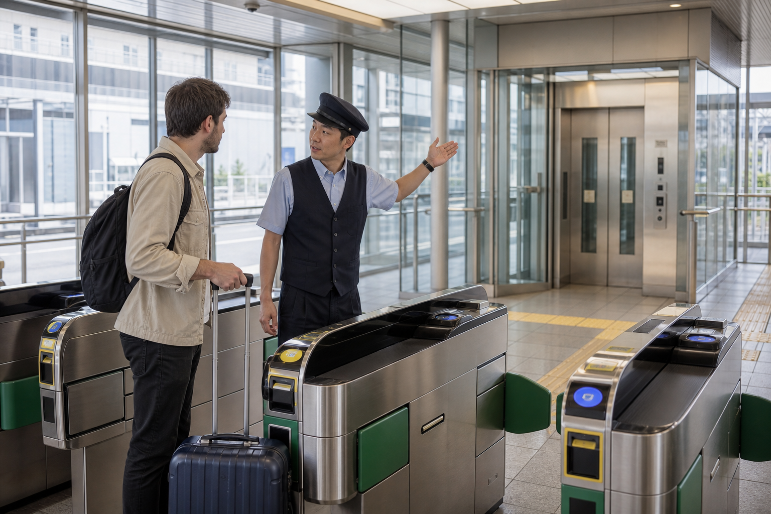 Traveler asking station staff for the elevator route at a gate