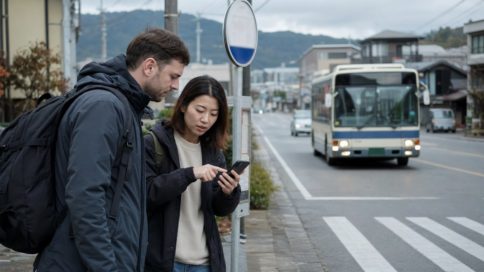 Travelers checking the direction of an approaching local bus in Japan