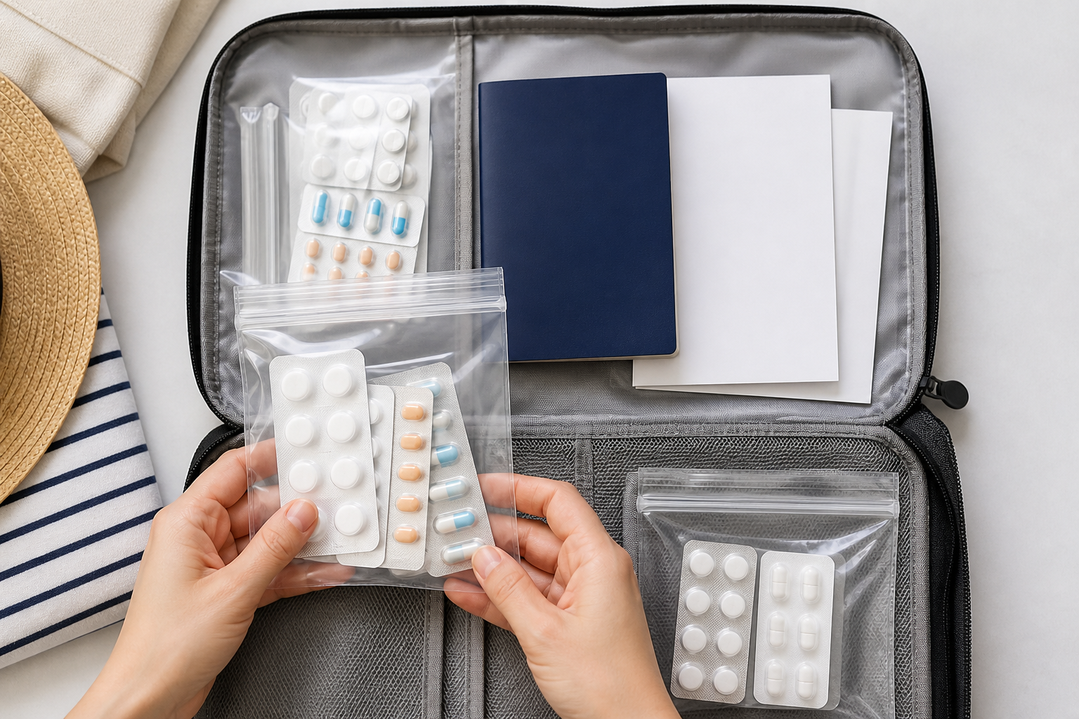 Sealed medicine pouches and blank supporting documents are organized inside carry-on luggage