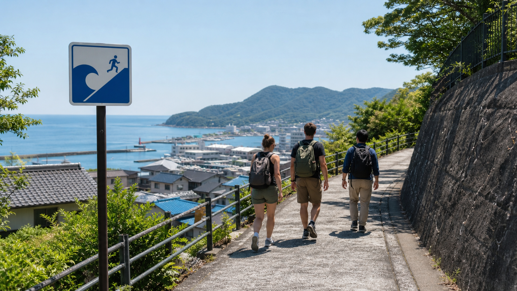 Travelers following a tsunami evacuation route uphill away from a Japanese harbor