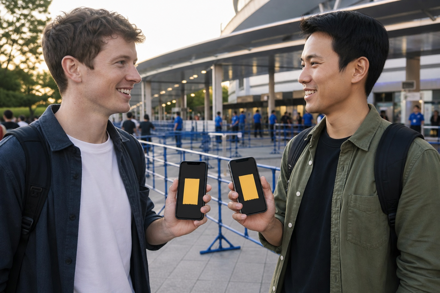 Friends completing an official companion ticket distribution before a Japanese event