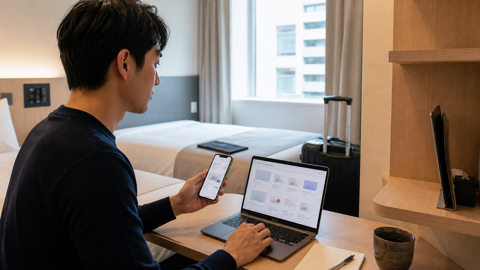 Traveler comparing generic hotel room specifications on a laptop and phone with no readable brand names