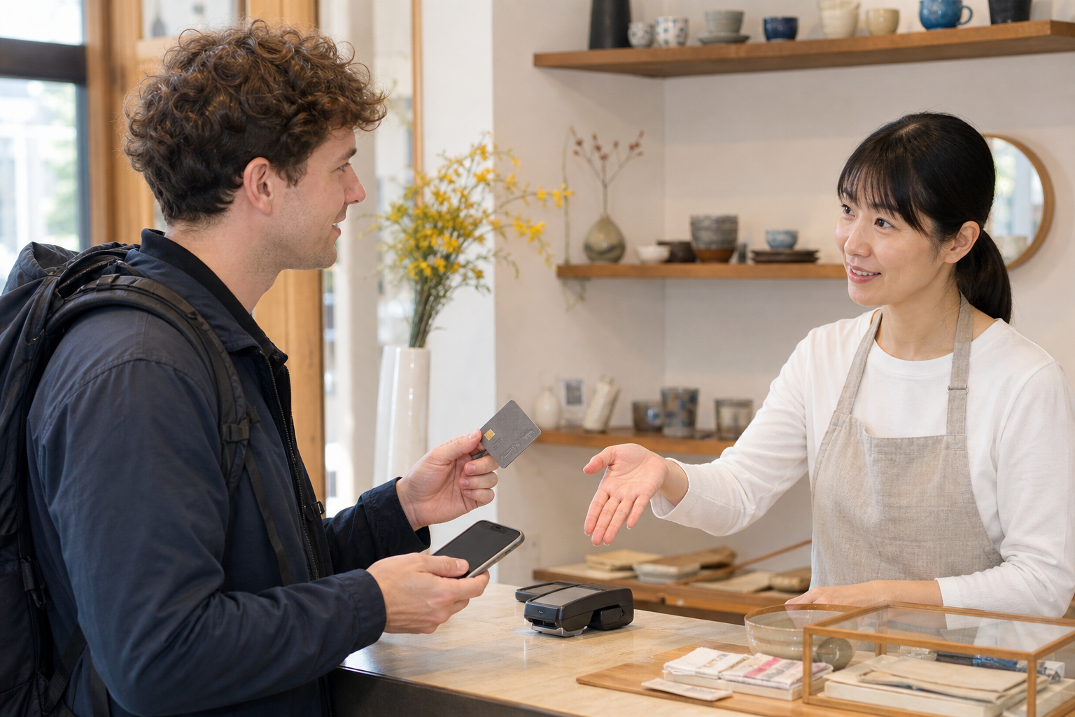 Visitor politely confirming available payment methods with a shop clerk in Japan