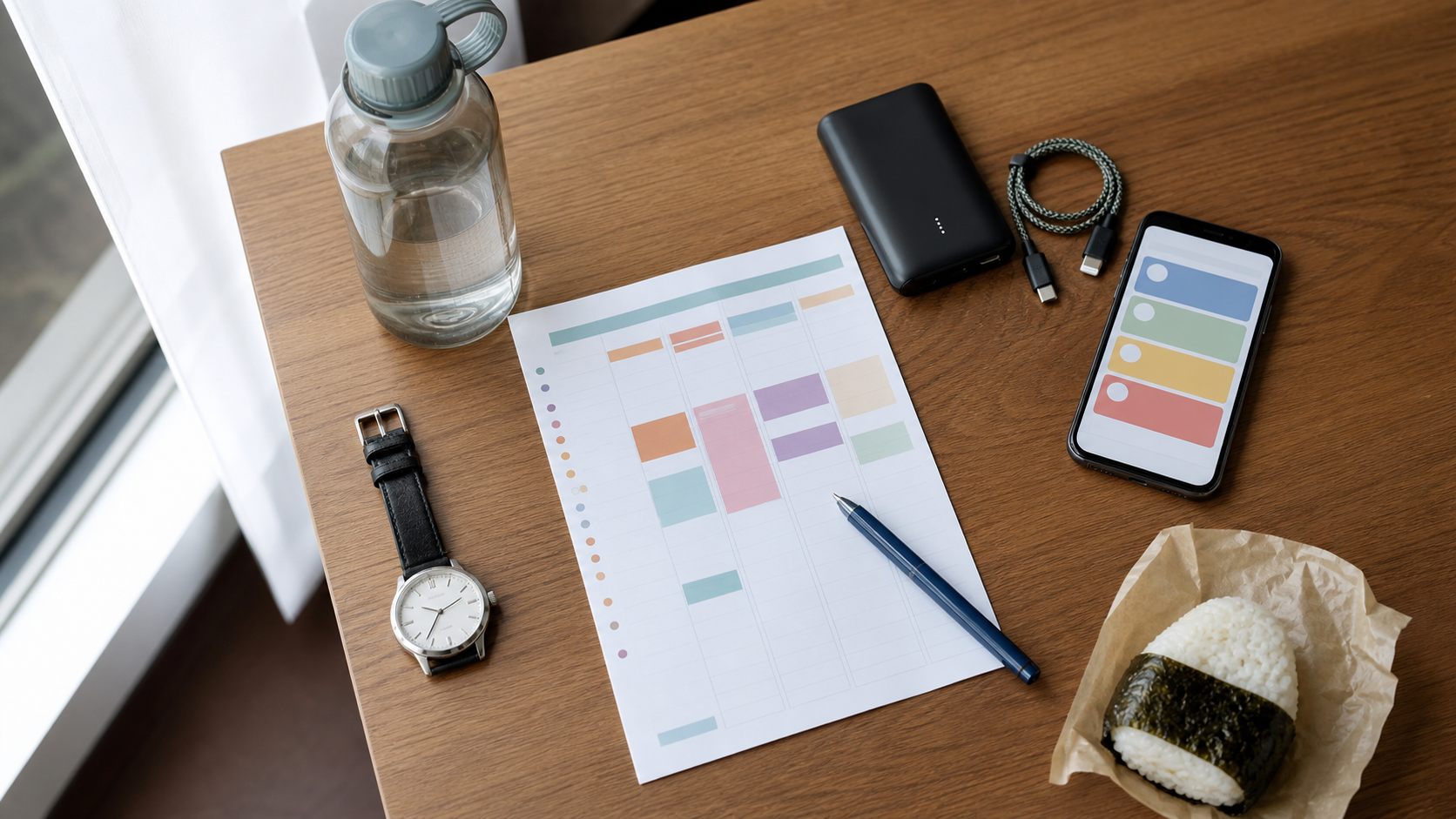 A day plan with a watch, power bank, water and a generic phone calendar