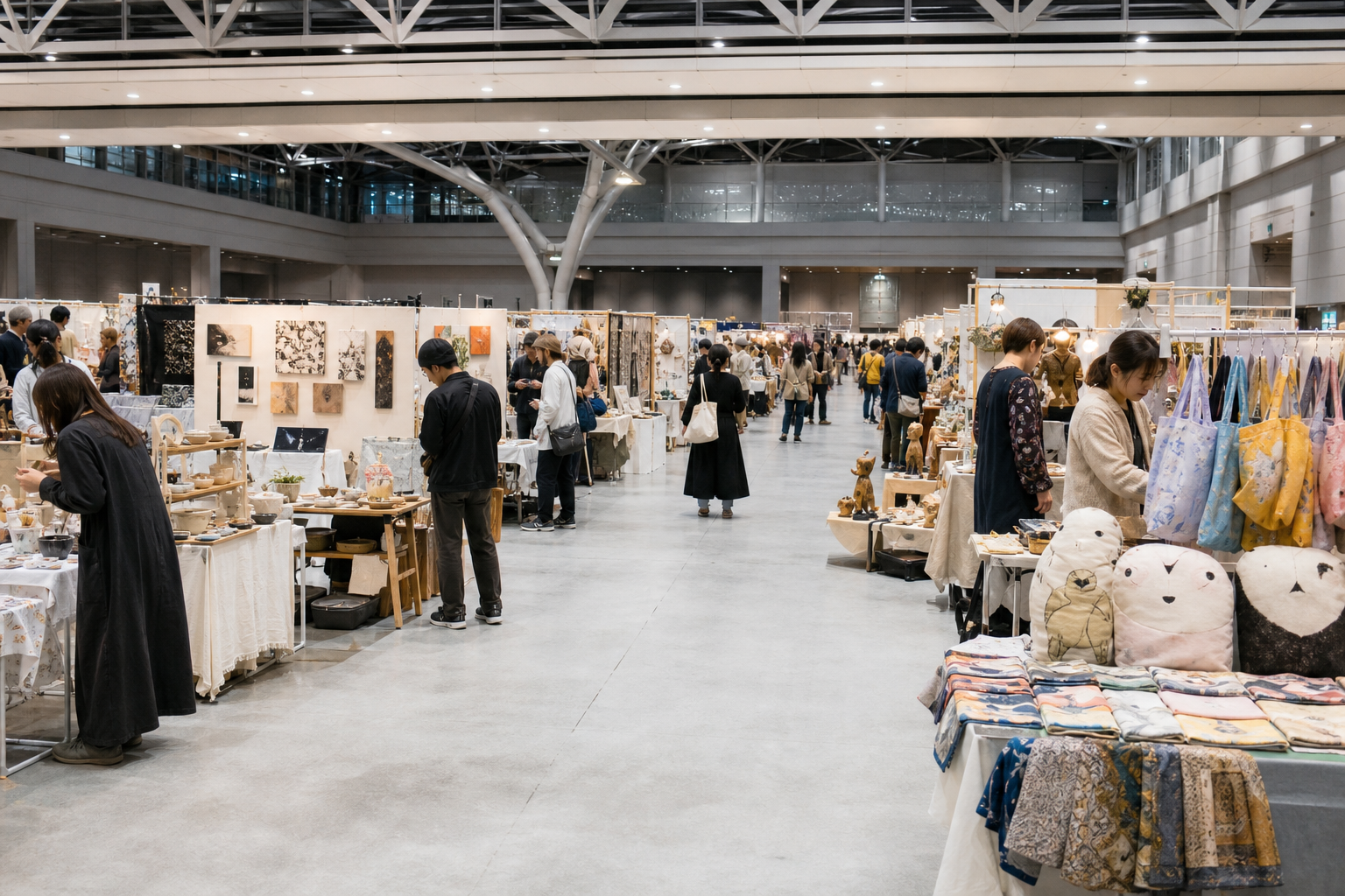 Visitors browsing handmade art booths inside a large Japanese convention hall