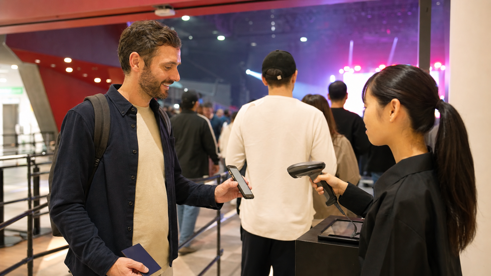 Event staff scanning a mobile ticket while the traveler has photo ID ready