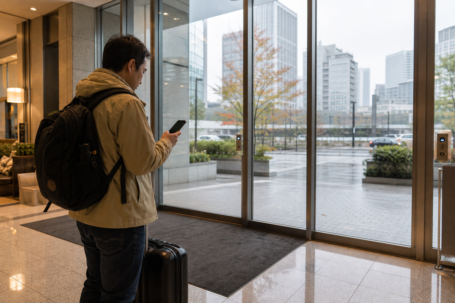 Traveler checking an official event update before leaving on an overcast morning