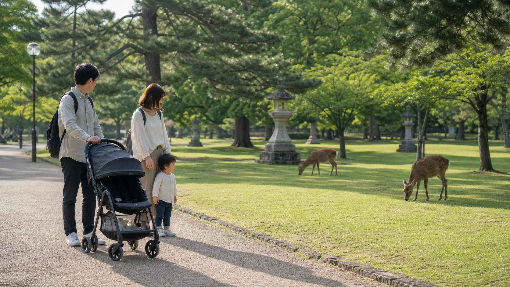 A family with a young child and stroller watches Nara deer from a safe distance
