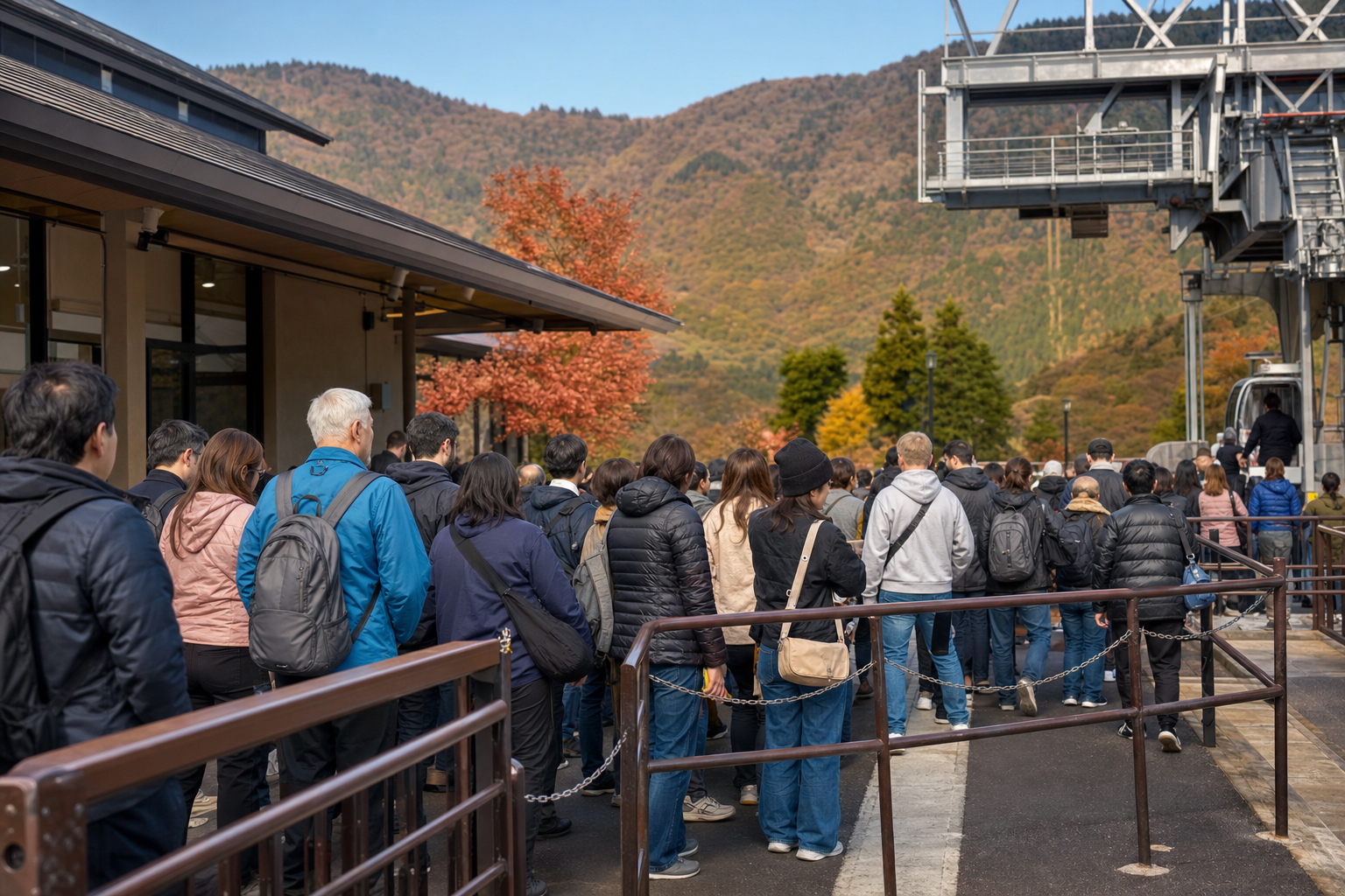 Orderly autumn queue at a Hakone ropeway station