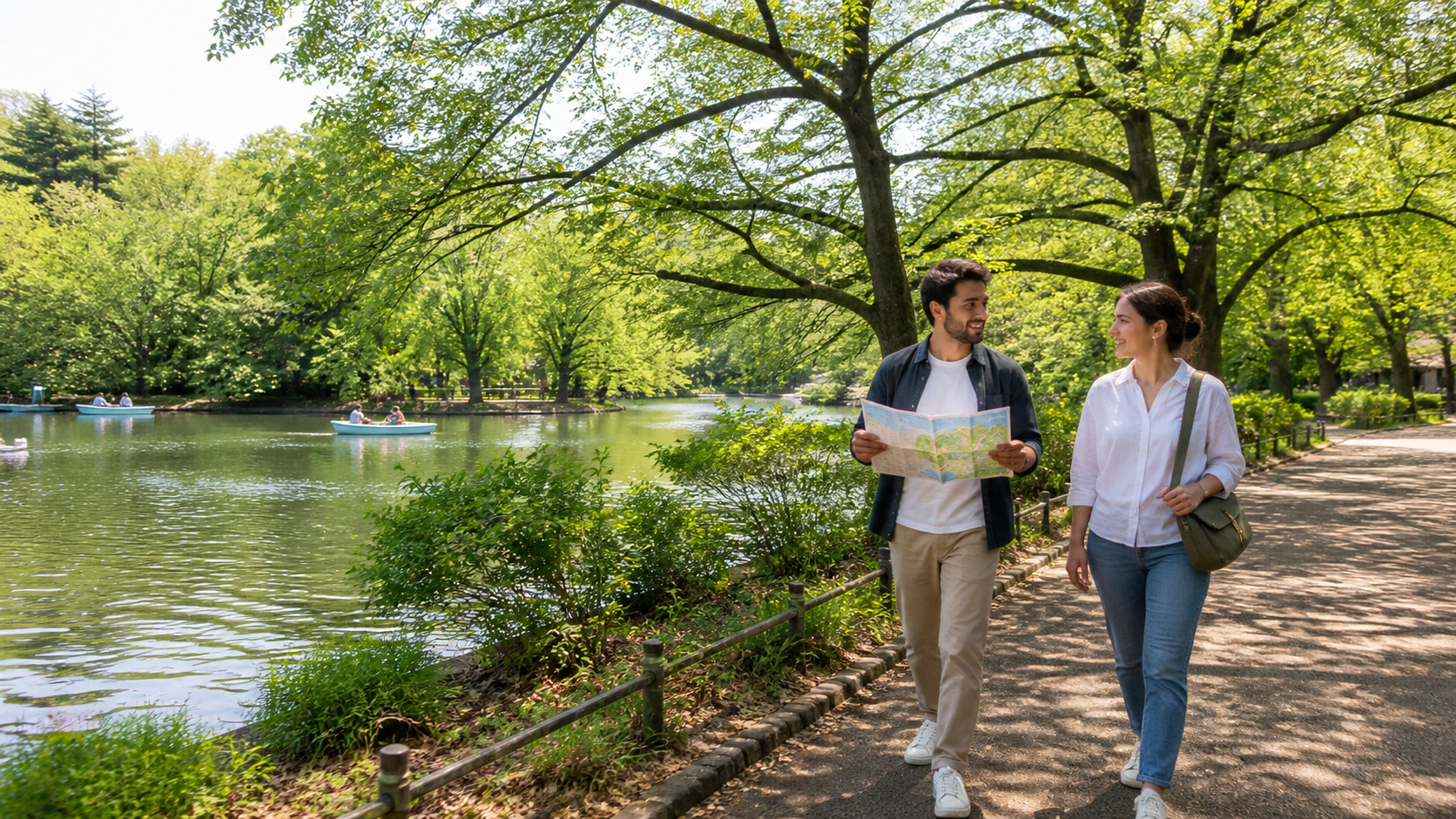 Travelers walking beside a green pond with a paper map