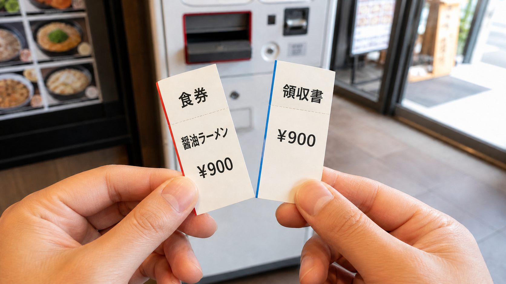 Hands holding a 900-yen soy sauce ramen meal ticket and its separate receipt