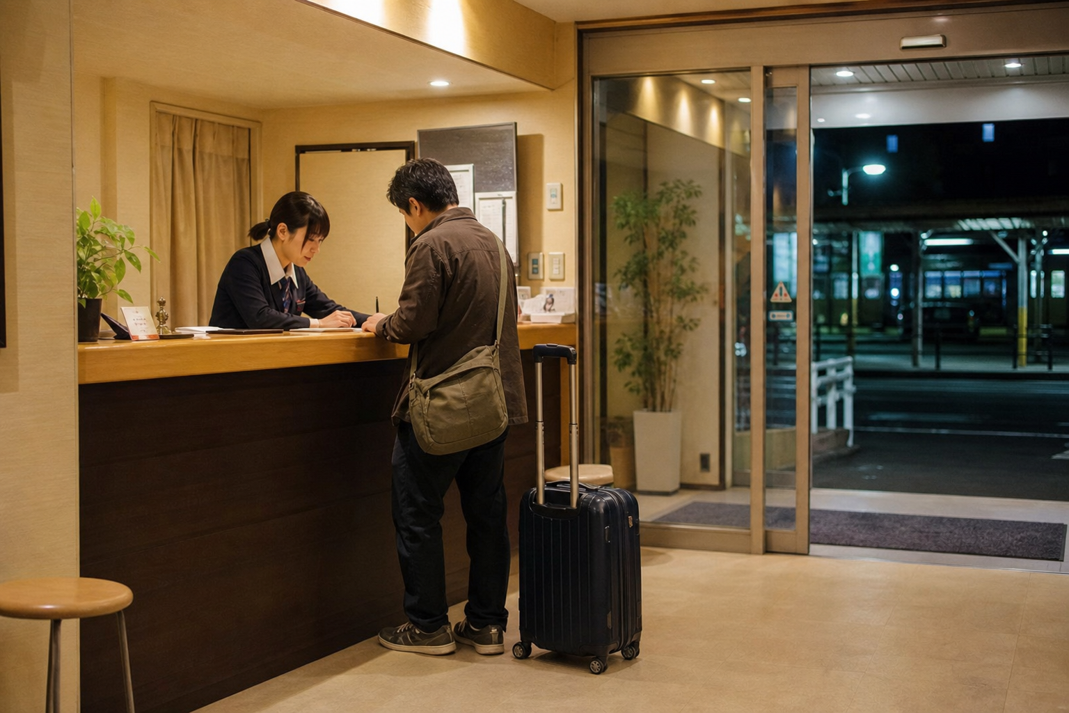 Solo traveler checking into a regional hotel after midnight
