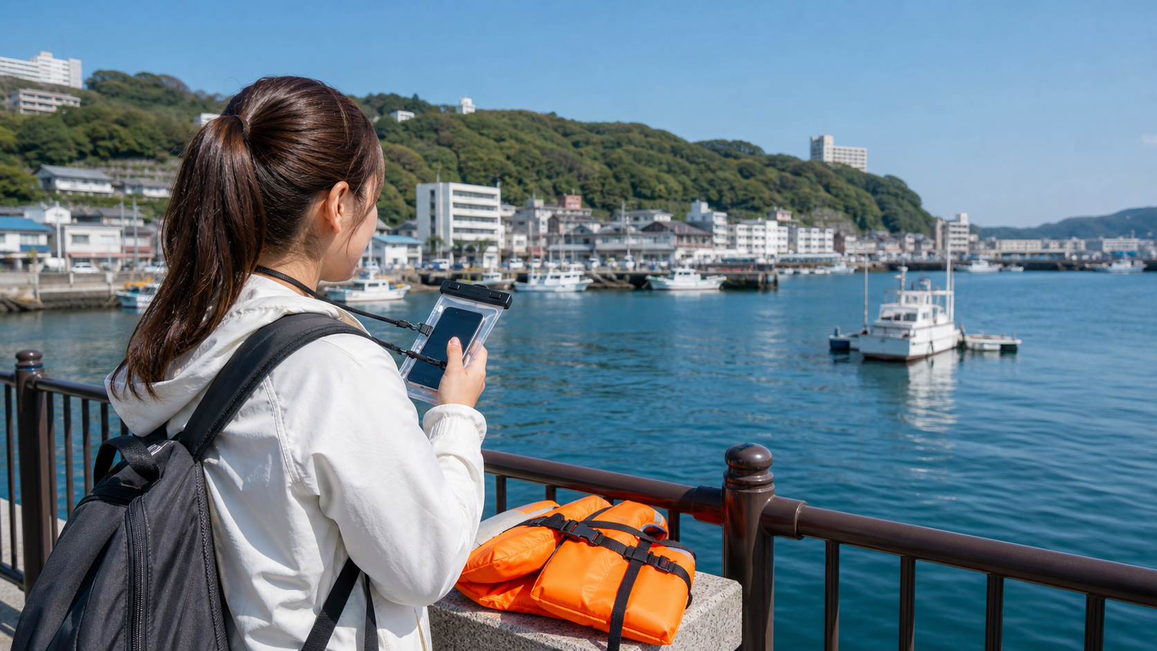 Traveler at a Japanese harbor with a phone in a waterproof pouch and a life jacket