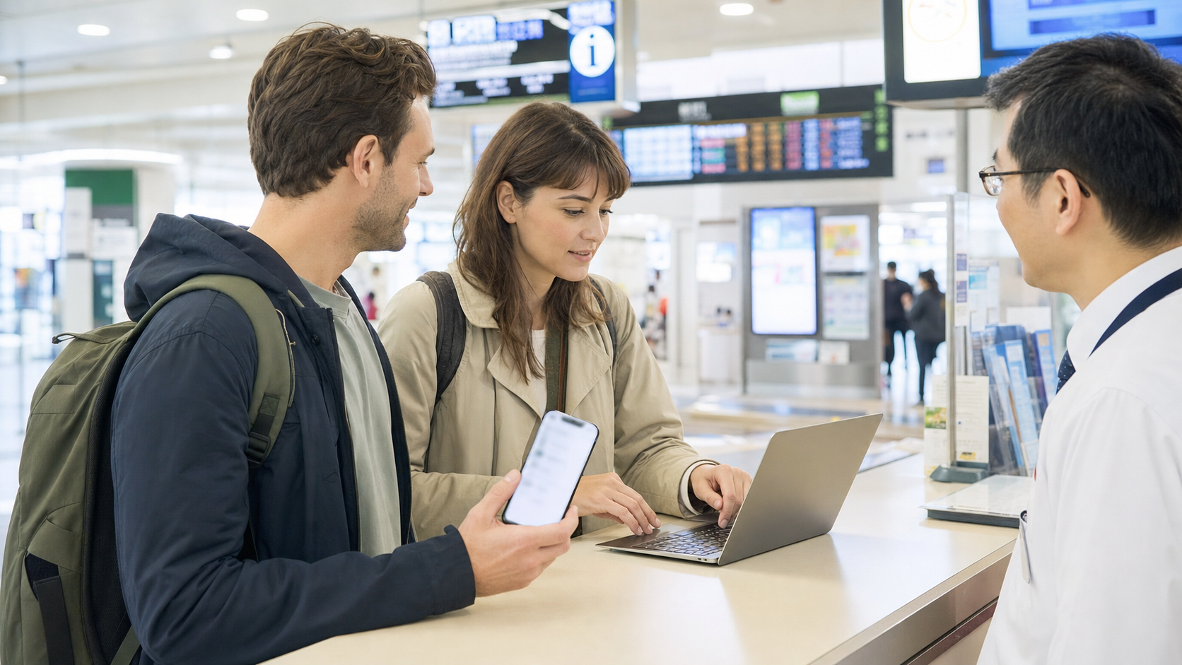 Travelers using a replacement phone at a Japanese station information counter