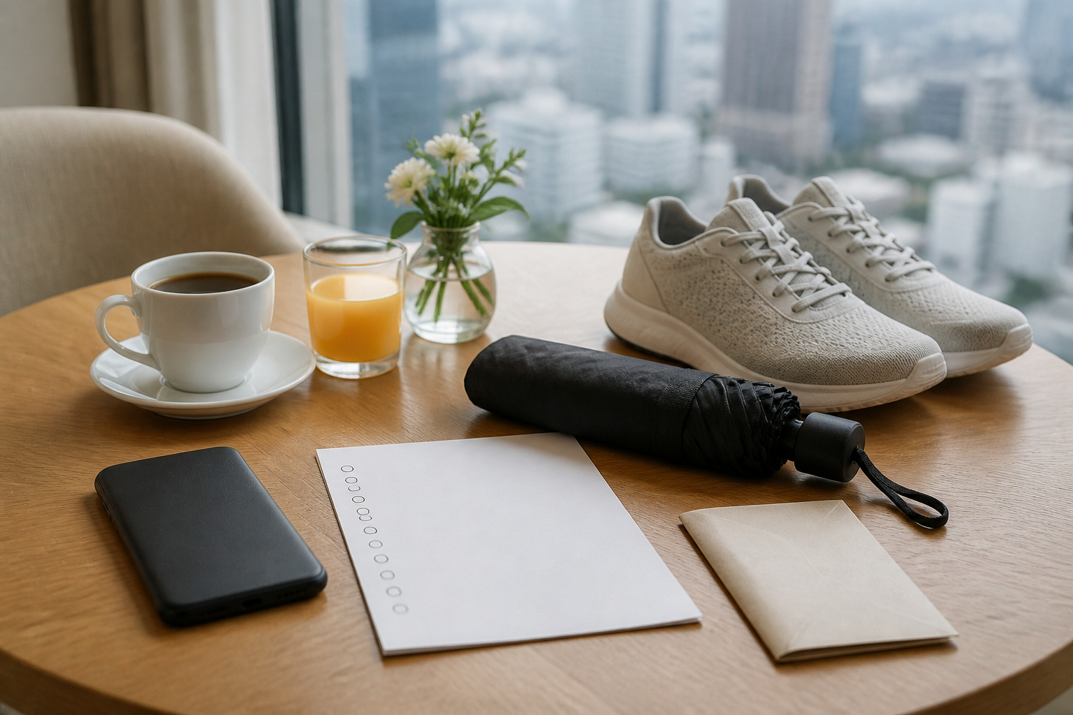 Face-down phone, umbrella, walking shoes and blank checklist for a morning recheck