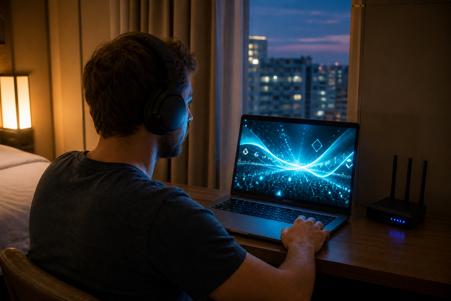 A traveler at home watching an abstract teal virtual-music stage on a laptop