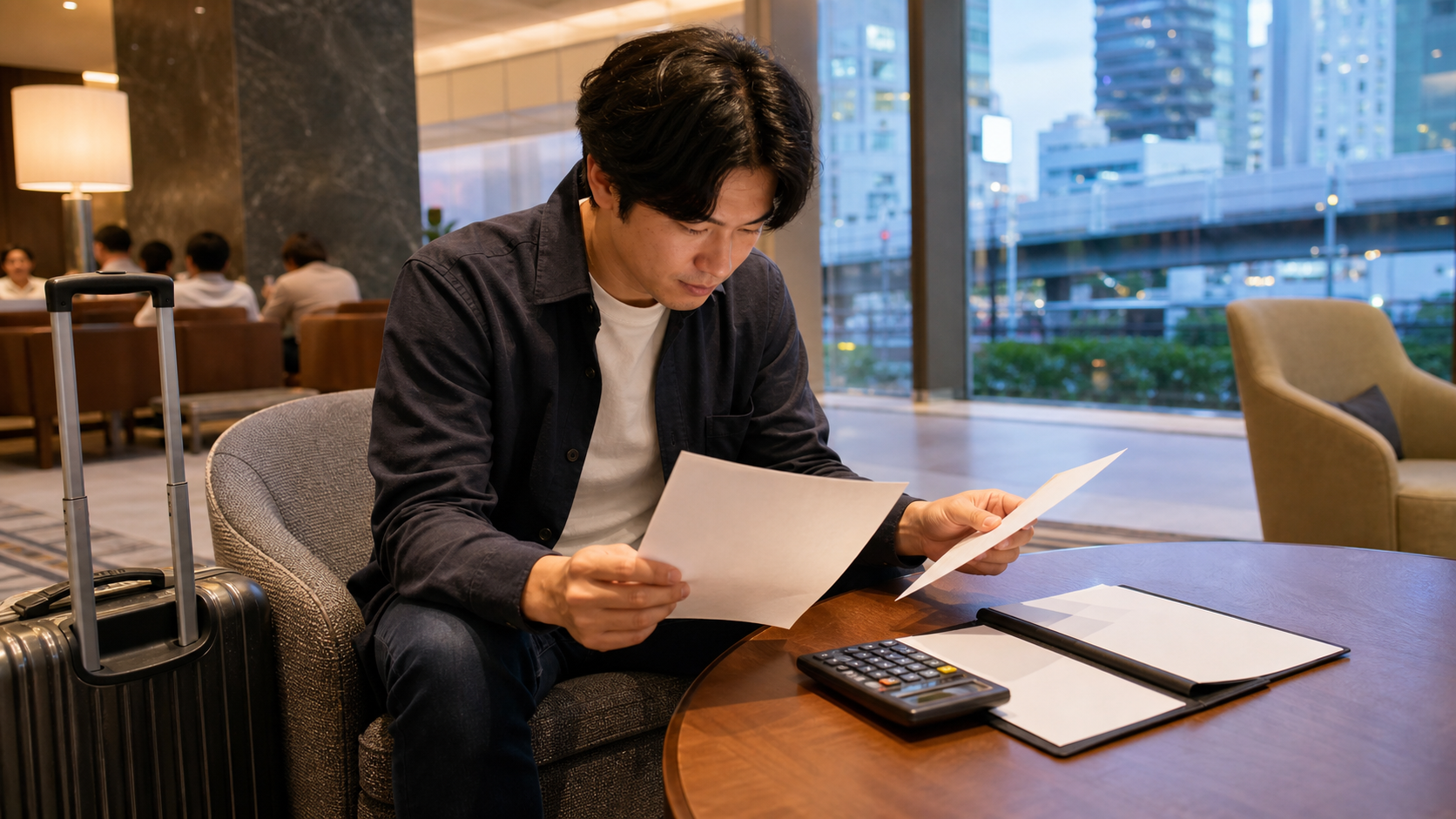 A traveler compares a hotel booking sheet and separate fee slip in Osaka