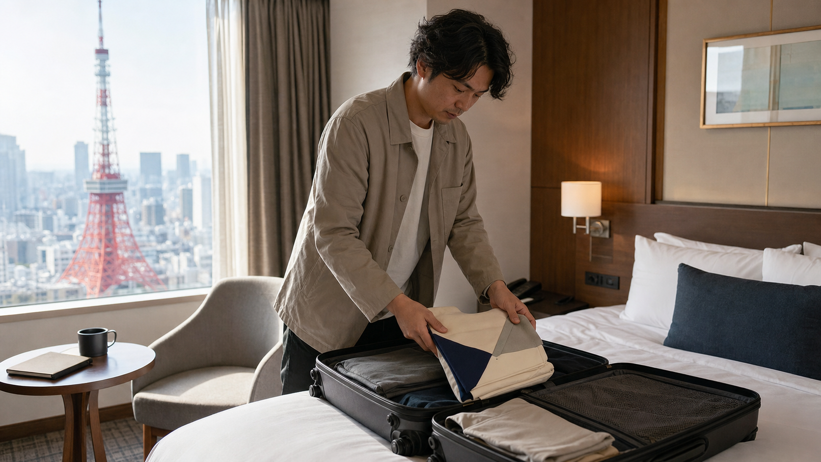 A visitor in ordinary clothes packs a folded handmade costume in a hotel room