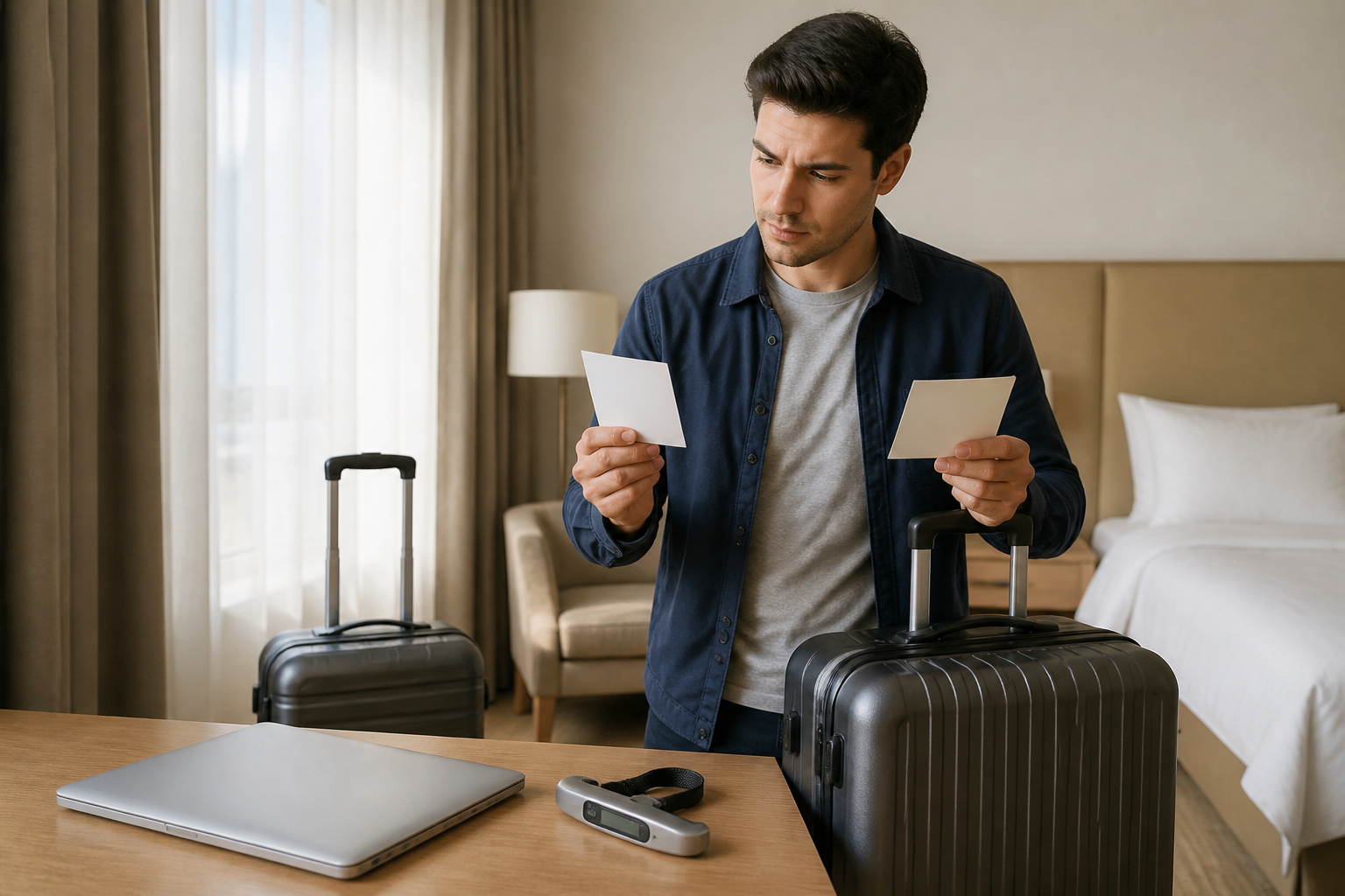 Traveler weighing a suitcase before adding baggage or changing fare before purchase