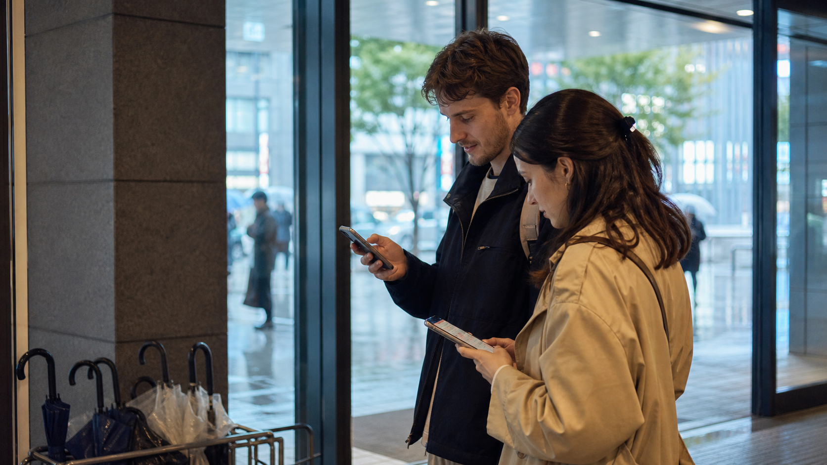 Illustrative travelers checking an event update indoors beside folded wet umbrellas