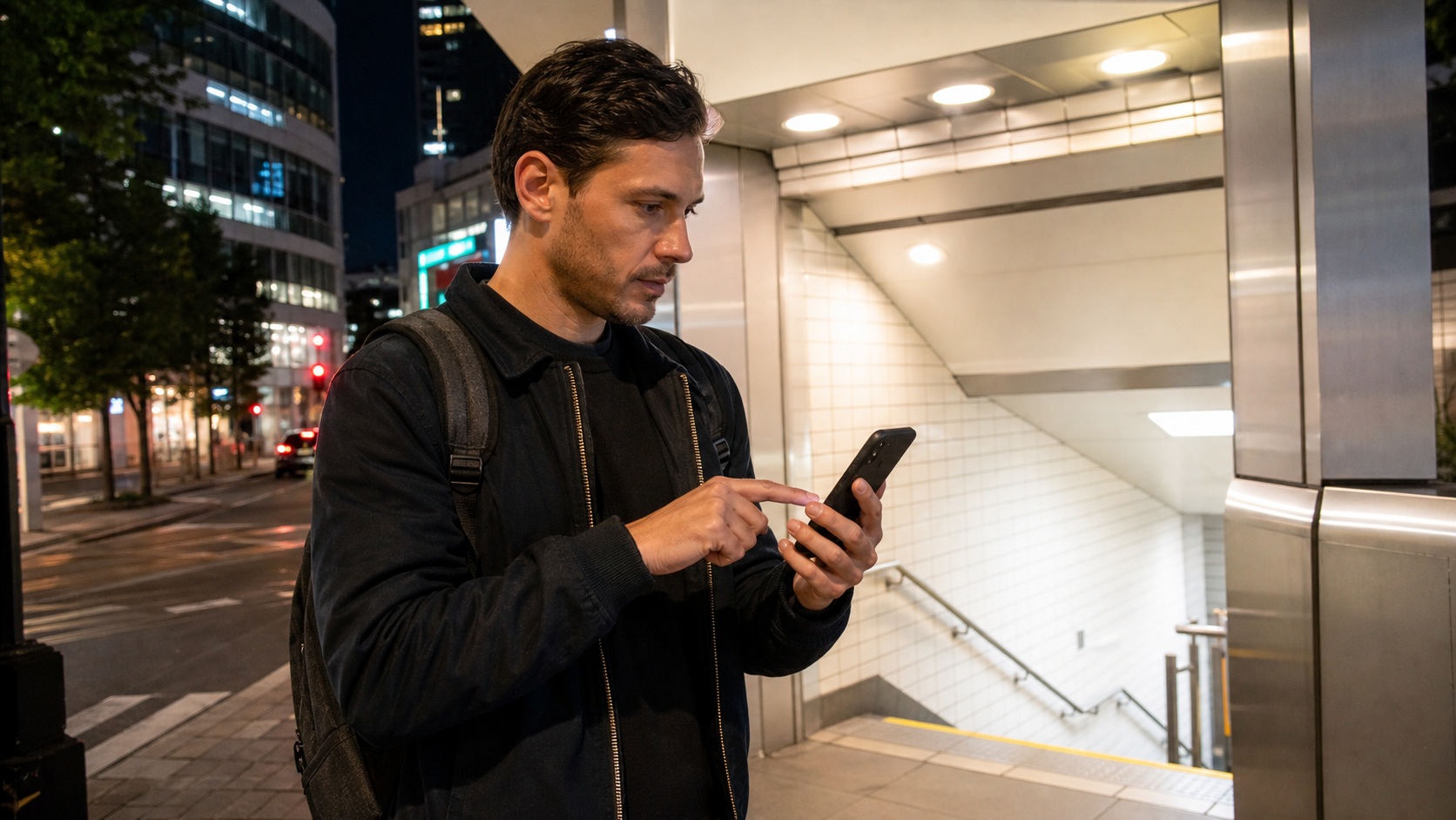 Traveler checking a route before entering Roppongi Station late at night