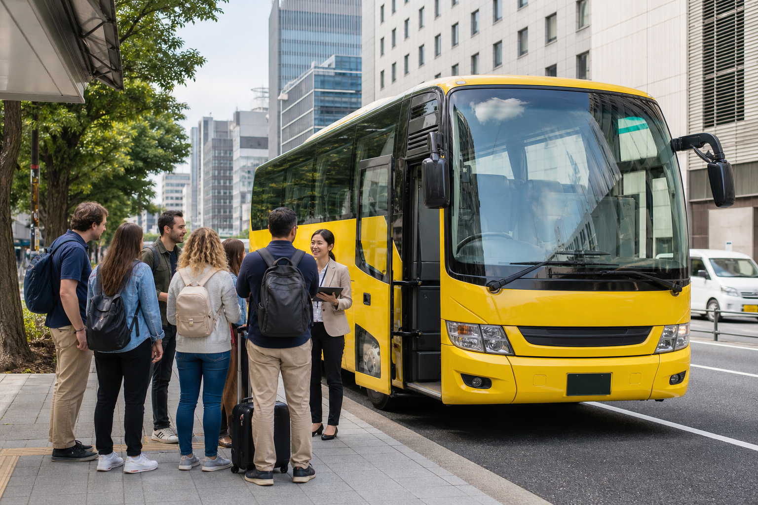 Travelers meeting a yellow sightseeing coach near Shinjuku Station East Exit