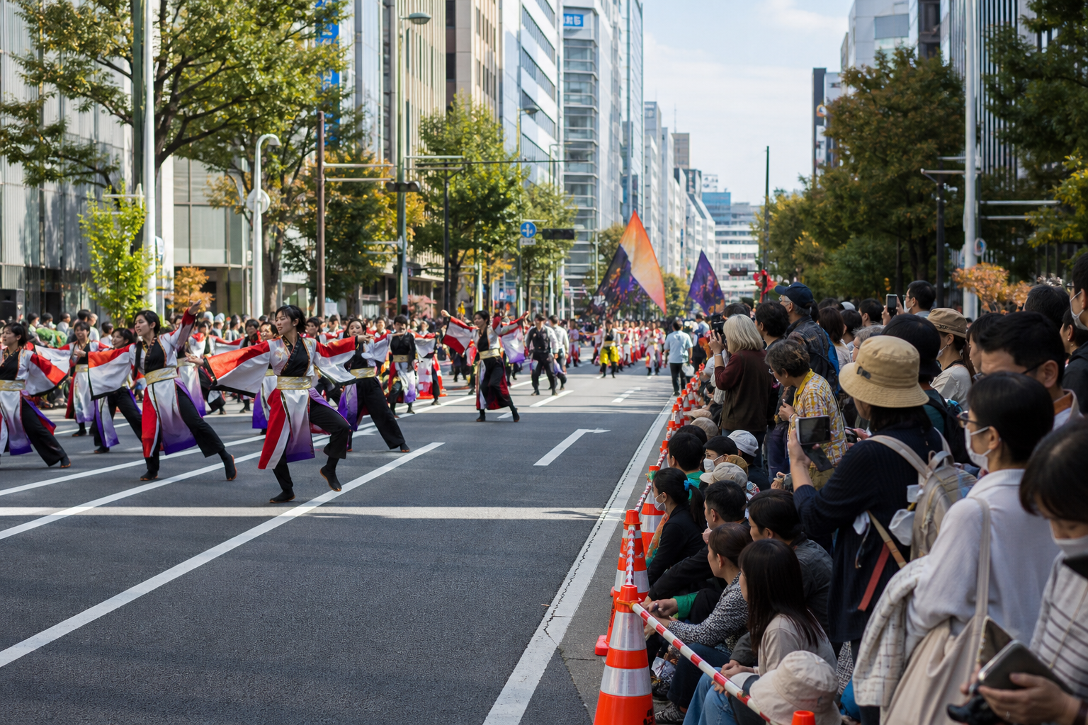 Orderly spectators watching fictional yosakoi dancers from the edge of a Tokyo avenue