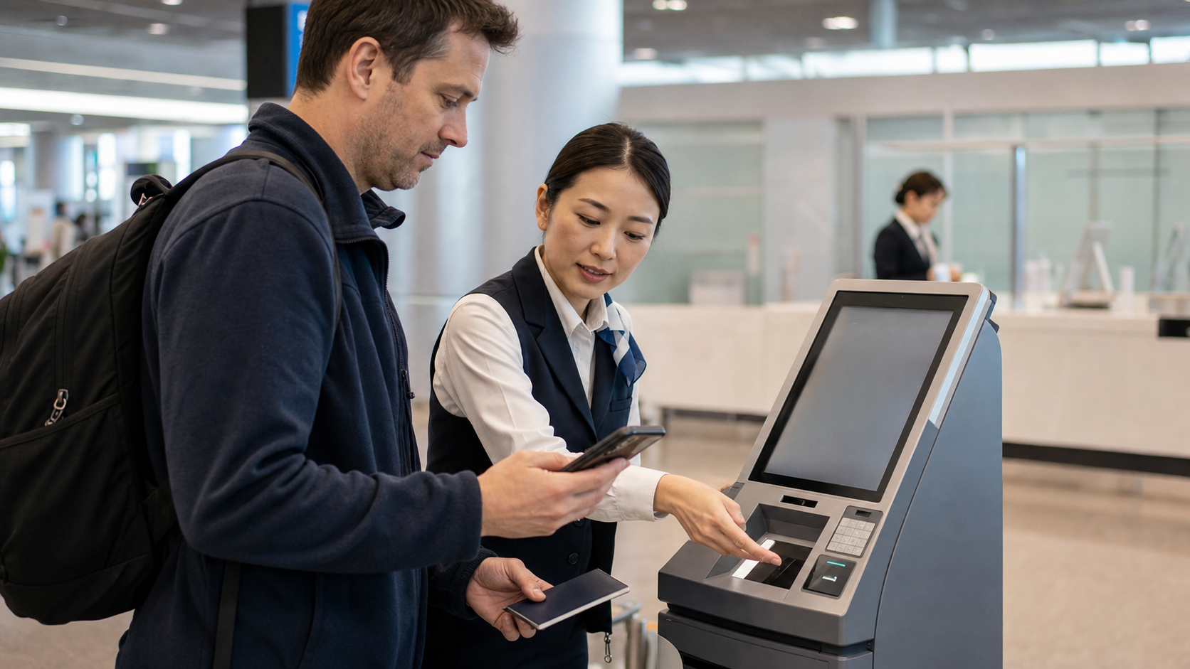 Airport staff helping a traveler whose Visit Japan Web code will not scan