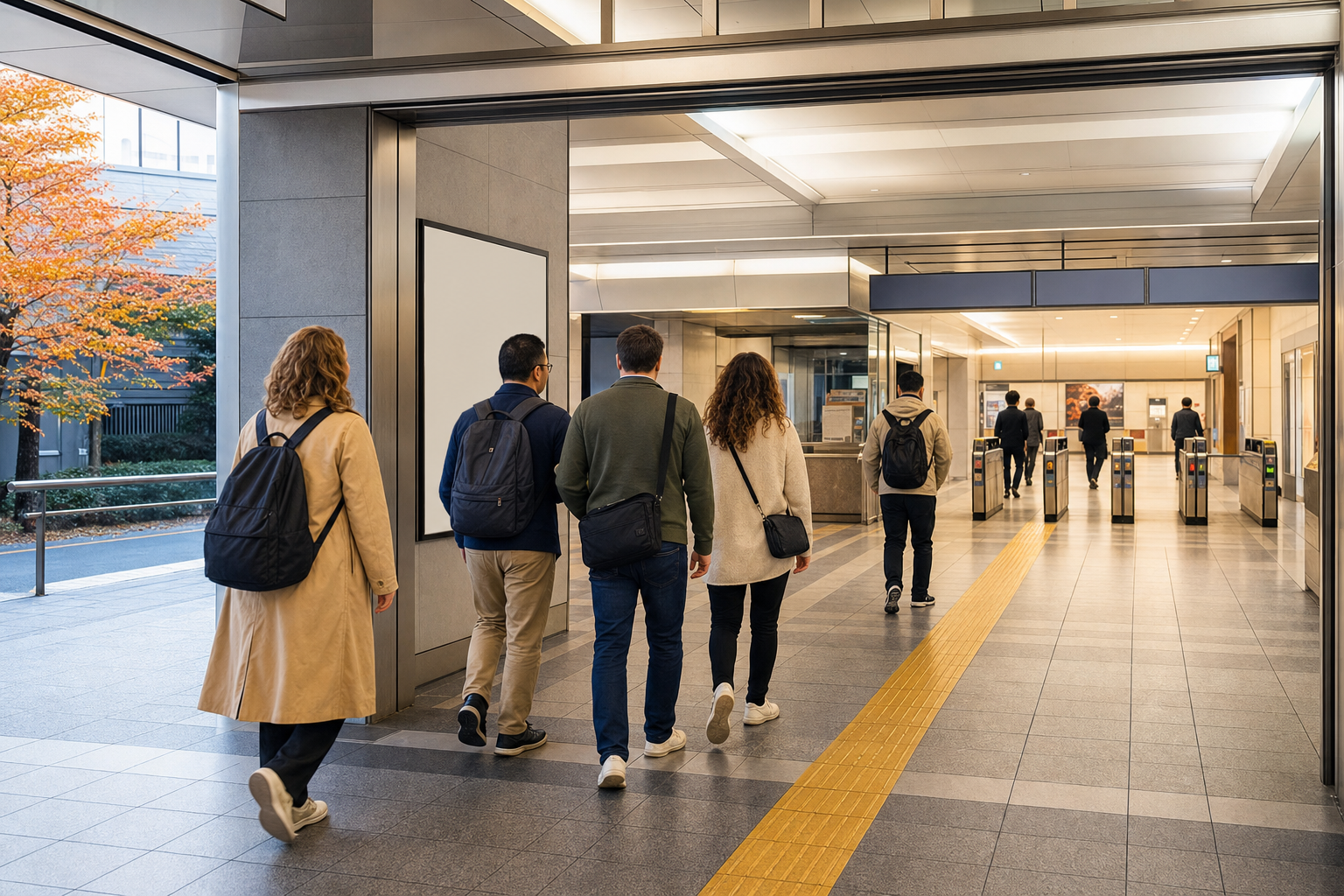Overseas visitors entering a modern Kyoto subway concourse after an autumn event