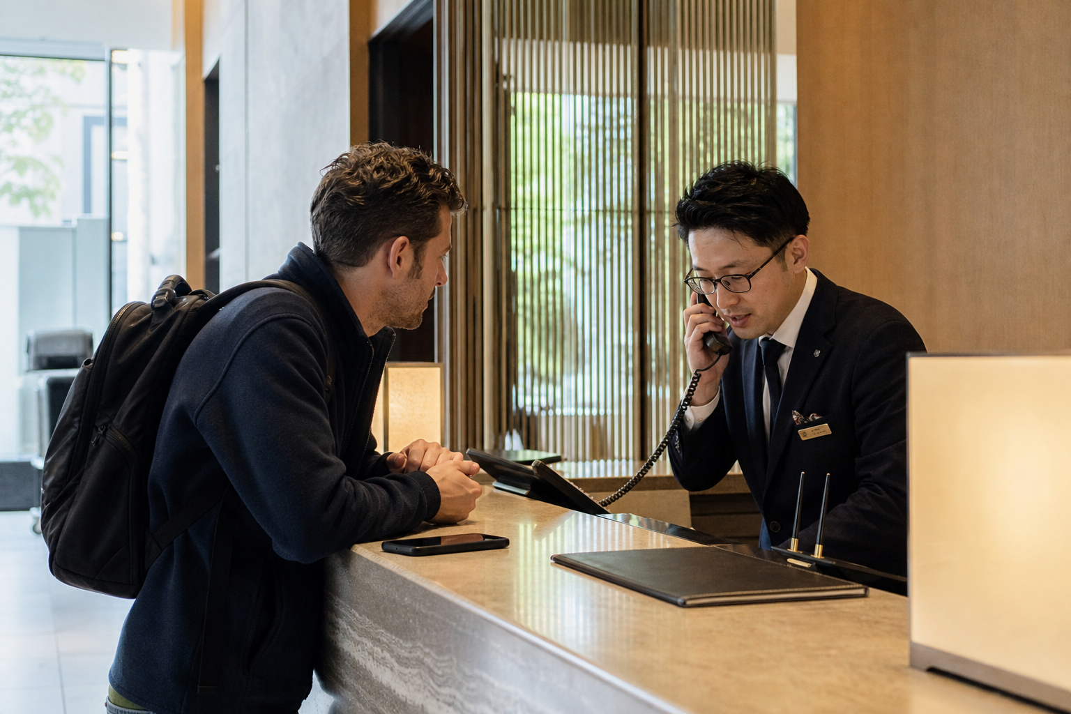 Hotel concierge helping a traveler contact a Japanese restaurant by phone