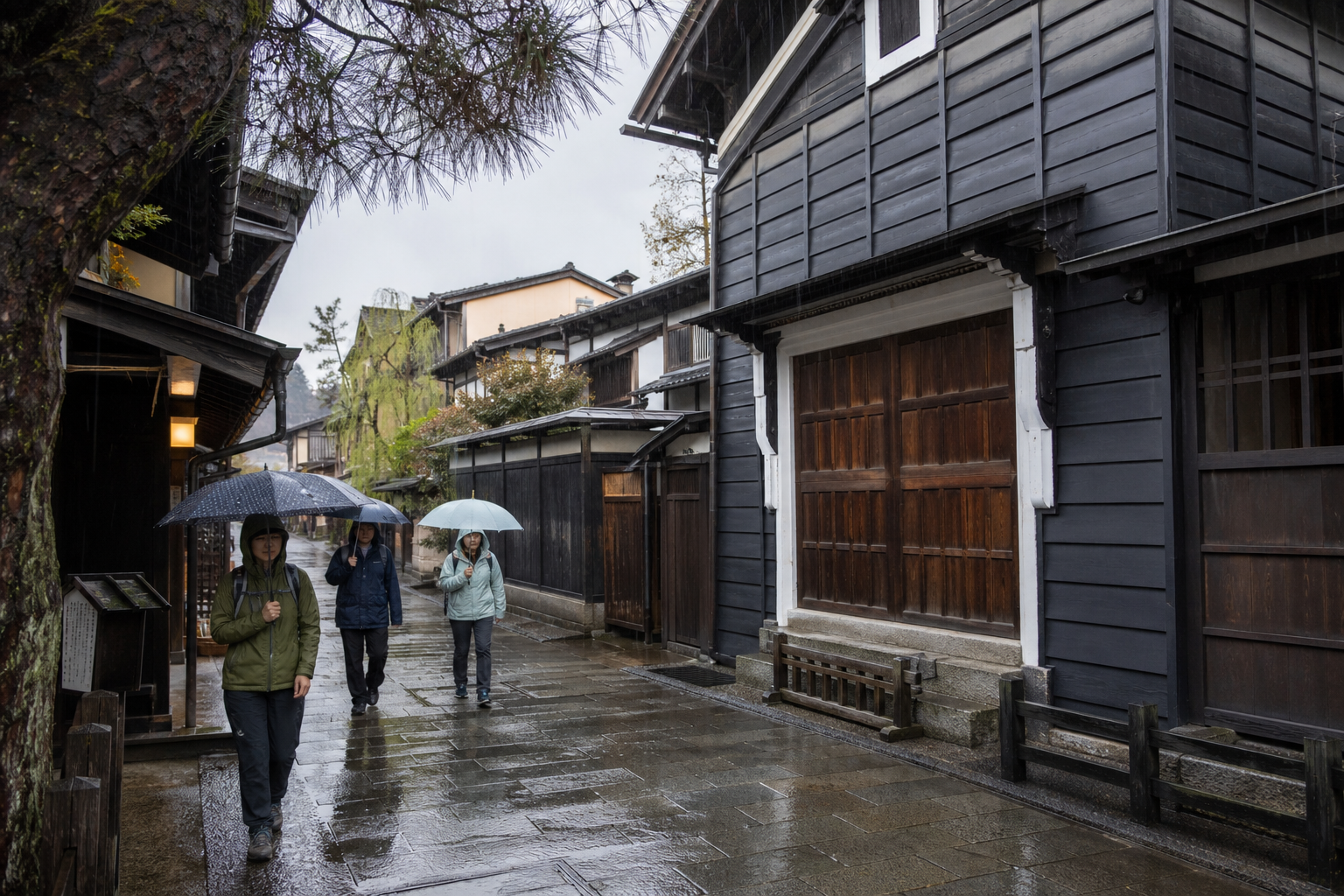 Travelers walking through Takayama's old town in steady rain