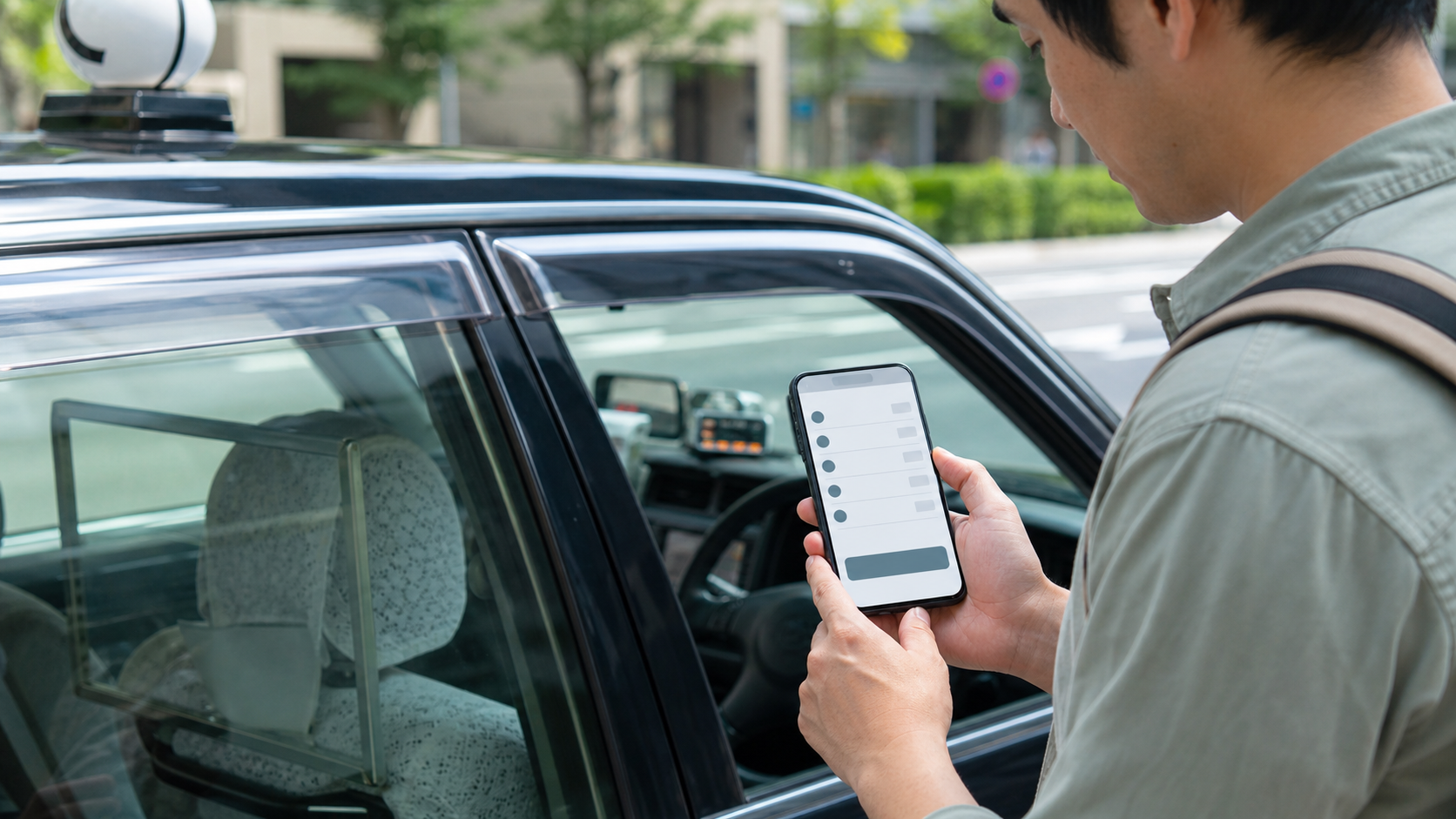 Traveler checking taxi fare details before requesting a ride