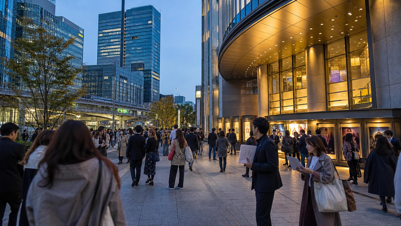 Film-festival visitors walking through the illuminated Hibiya and Yurakucho cinema district