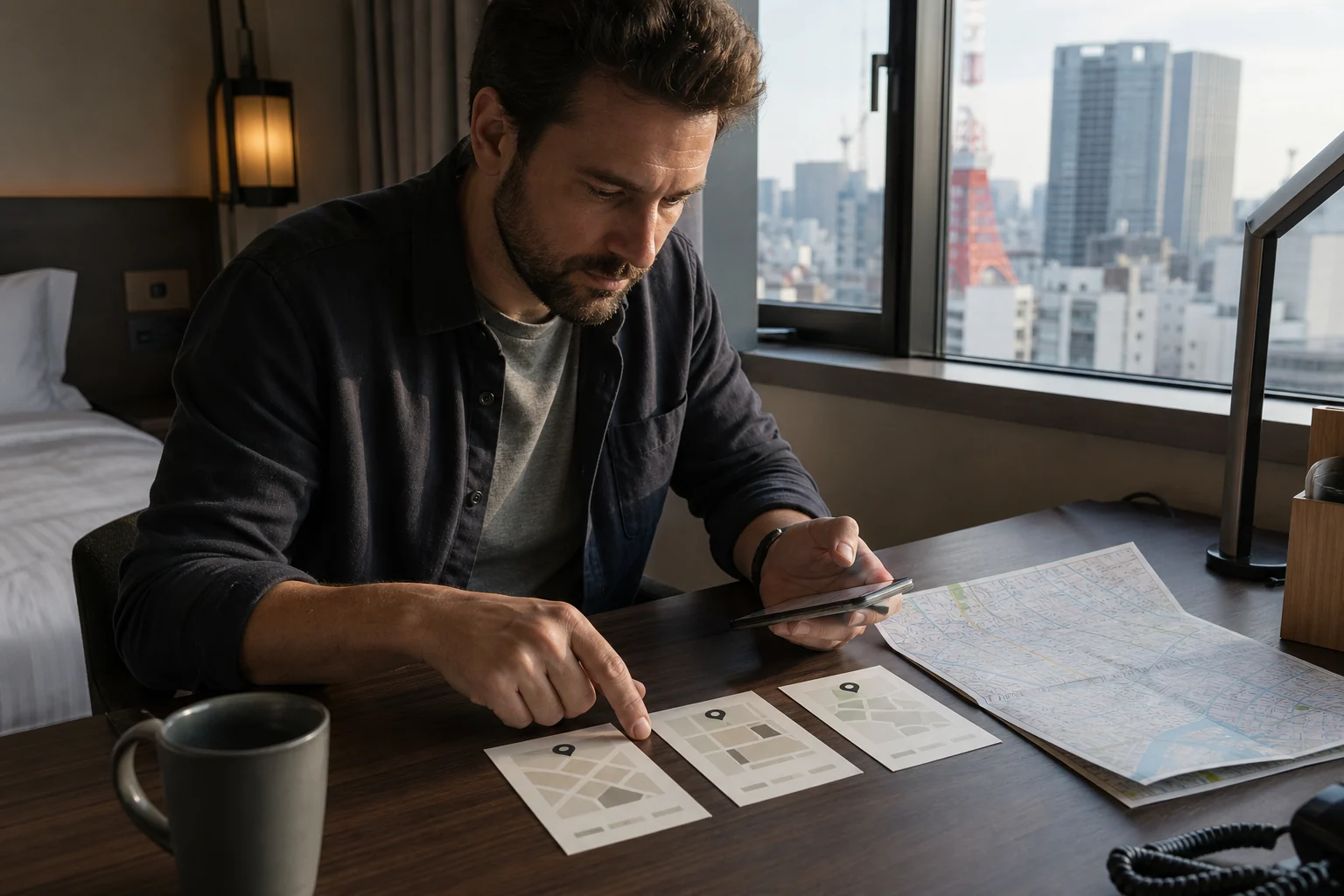 Traveler comparing three restaurant candidates at a Tokyo hotel desk